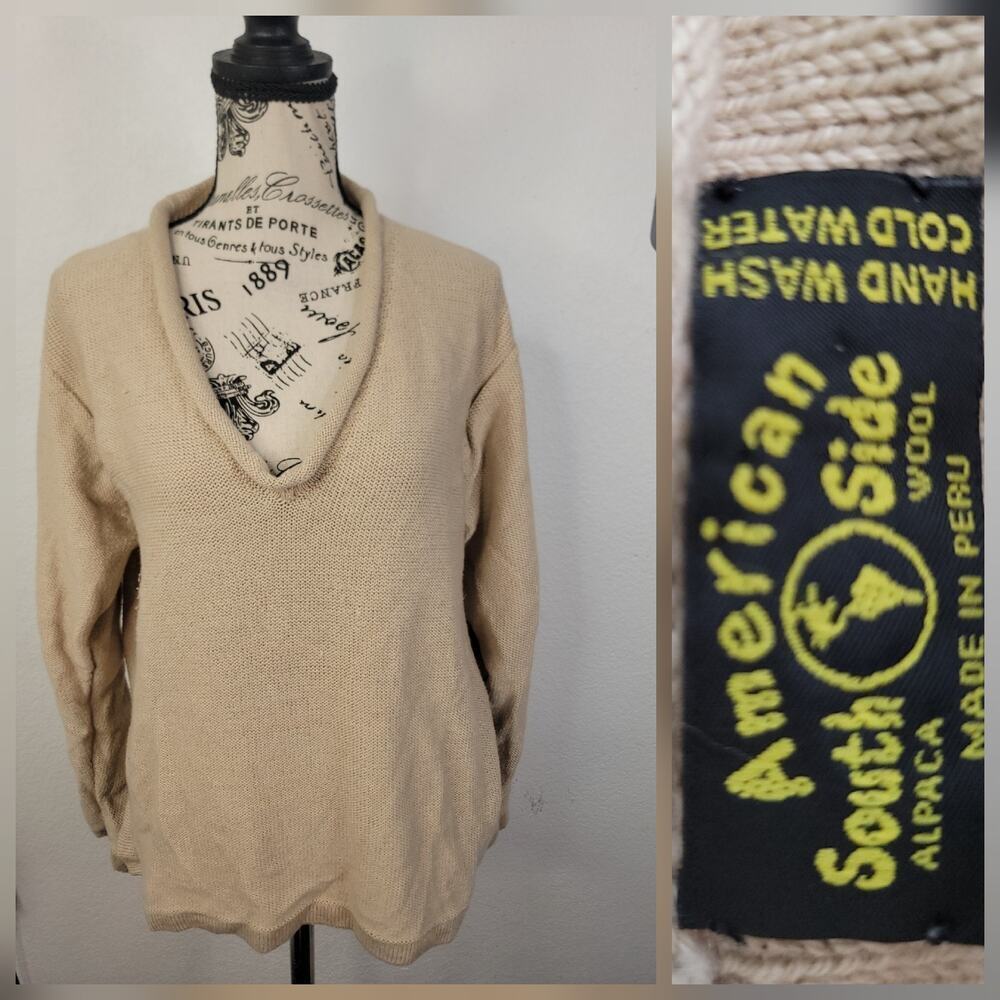 American South Side Sweater Womens Medium Alpaca Wool Blend Rolled V-Neck Tan